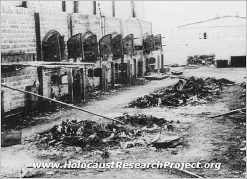 Charred remains of corpses near crematoria in the Majdanek camp, after liberation